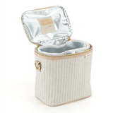 SoYoung Lunch Poche in cream pinstripe standing with the lid open