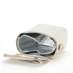 SoYoung Lunch Poche in cream pinstripe lying open to show the insulated silver lining