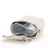 SoYoung Lunch Poche in cream pinstripe lying open to show the insulated silver lining
