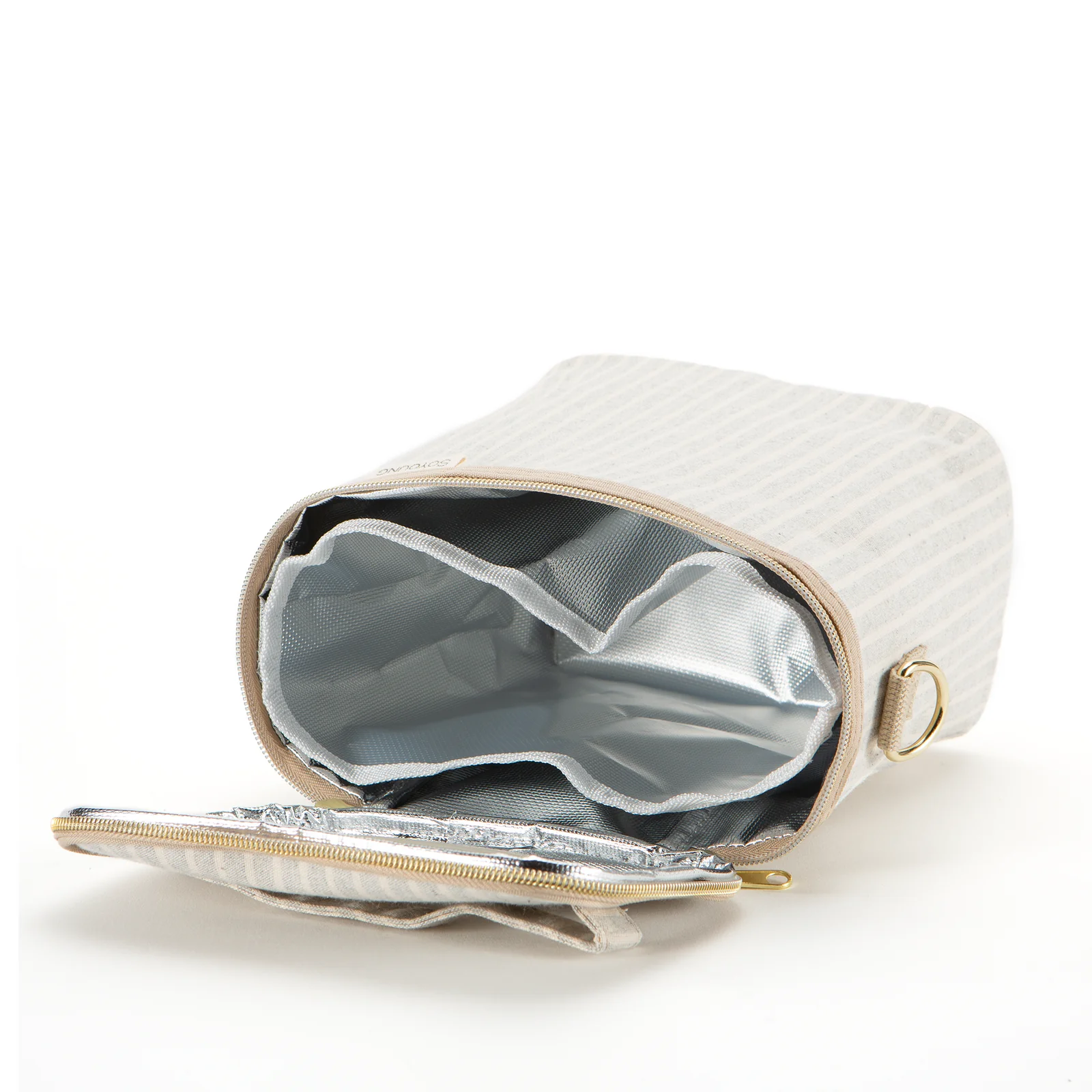 SoYoung Lunch Poche in cream pinstripe lying open to show the insulated silver lining