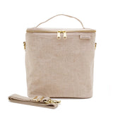 SoYoung Lunch Poche in natural beige linen with a top handle and detachable shoulder strap