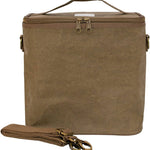 SoYoung Lunch Poche in olive brown raw linen with a top handle and shoulder strap