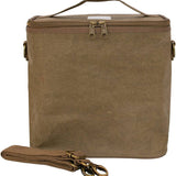 SoYoung Lunch Poche in olive brown raw linen with a top handle and shoulder strap