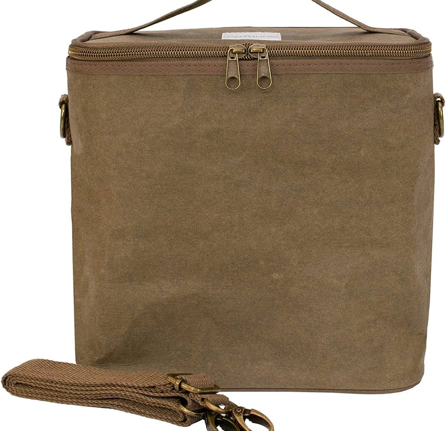 SoYoung Lunch Poche in olive brown raw linen with a top handle and shoulder strap