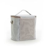 SoYoung Lunch Poche in Pinstripe Heather Grey, back view showing the mesh side pocket