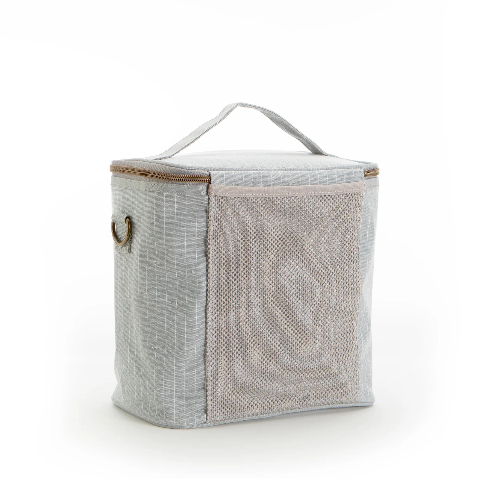 SoYoung Lunch Poche in Pinstripe Heather Grey, back view showing the mesh side pocket