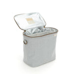 SoYoung Lunch Poche in Pinstripe Heather Grey standing with the lid open