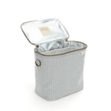SoYoung Lunch Poche in Pinstripe Heather Grey standing with the lid open