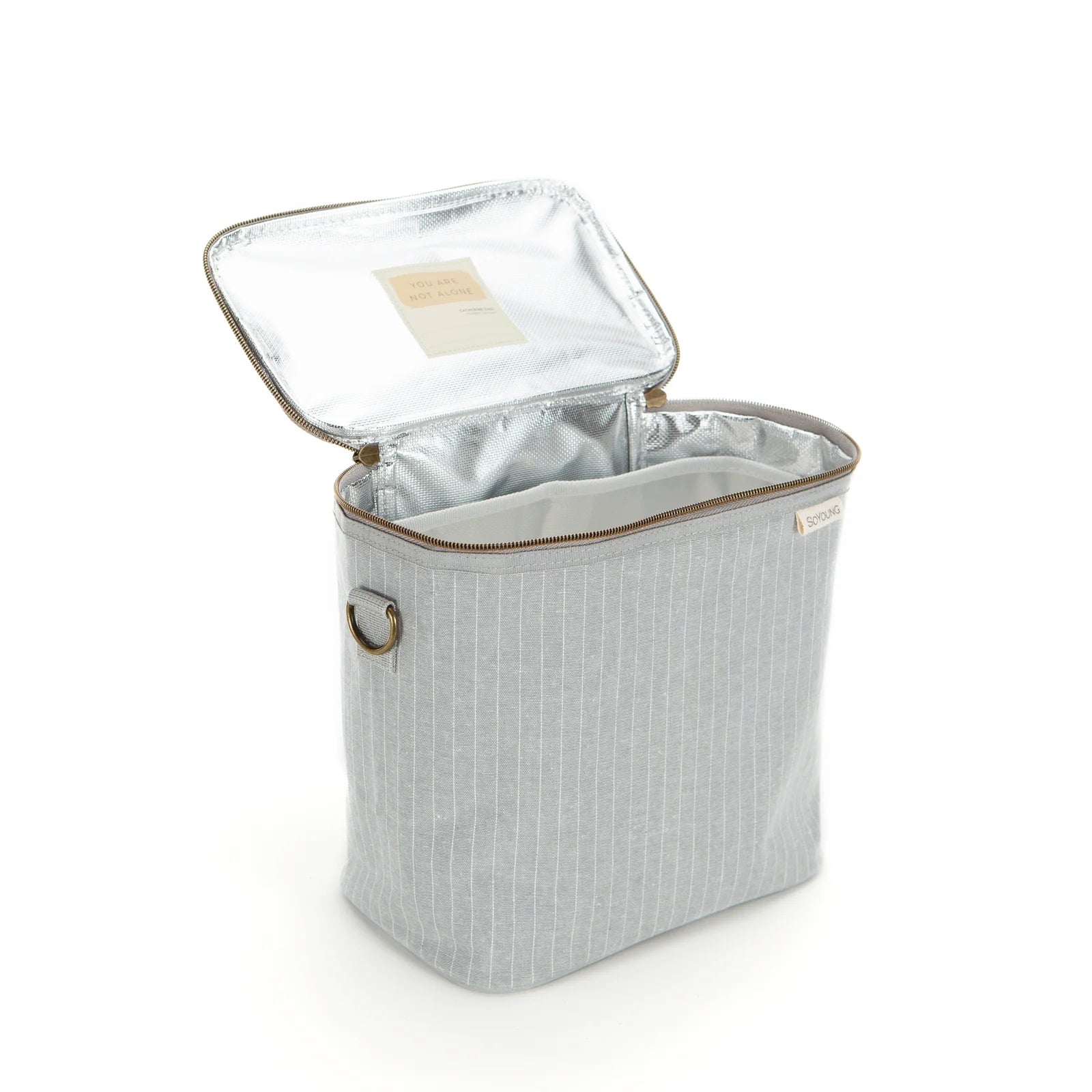 SoYoung Lunch Poche in Pinstripe Heather Grey standing with the lid open