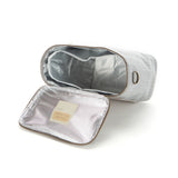 SoYoung Lunch Poche in Pinstripe Heather Grey lying open to show the insulated silver lining