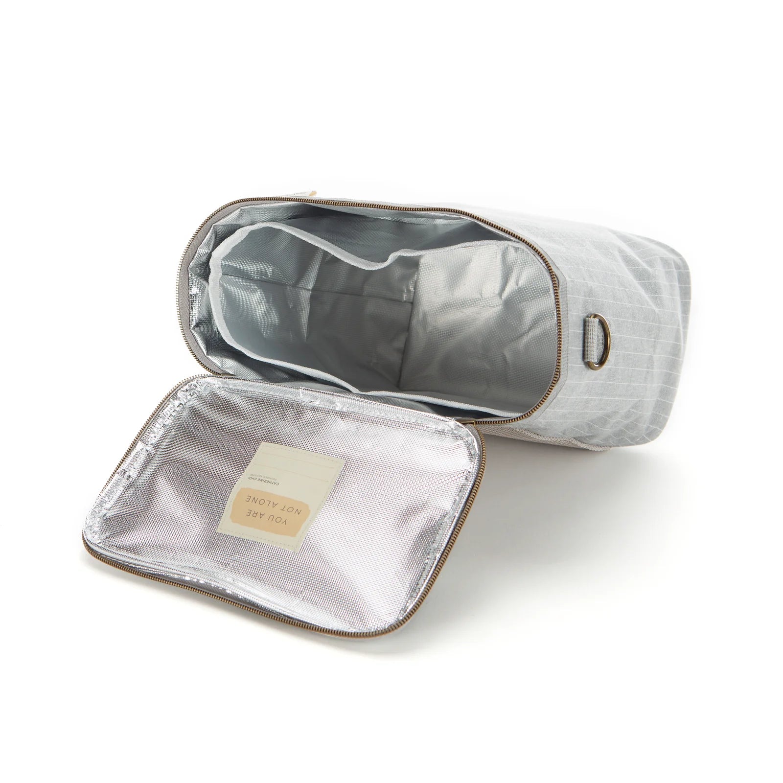 SoYoung Lunch Poche in Pinstripe Heather Grey lying open to show the insulated silver lining