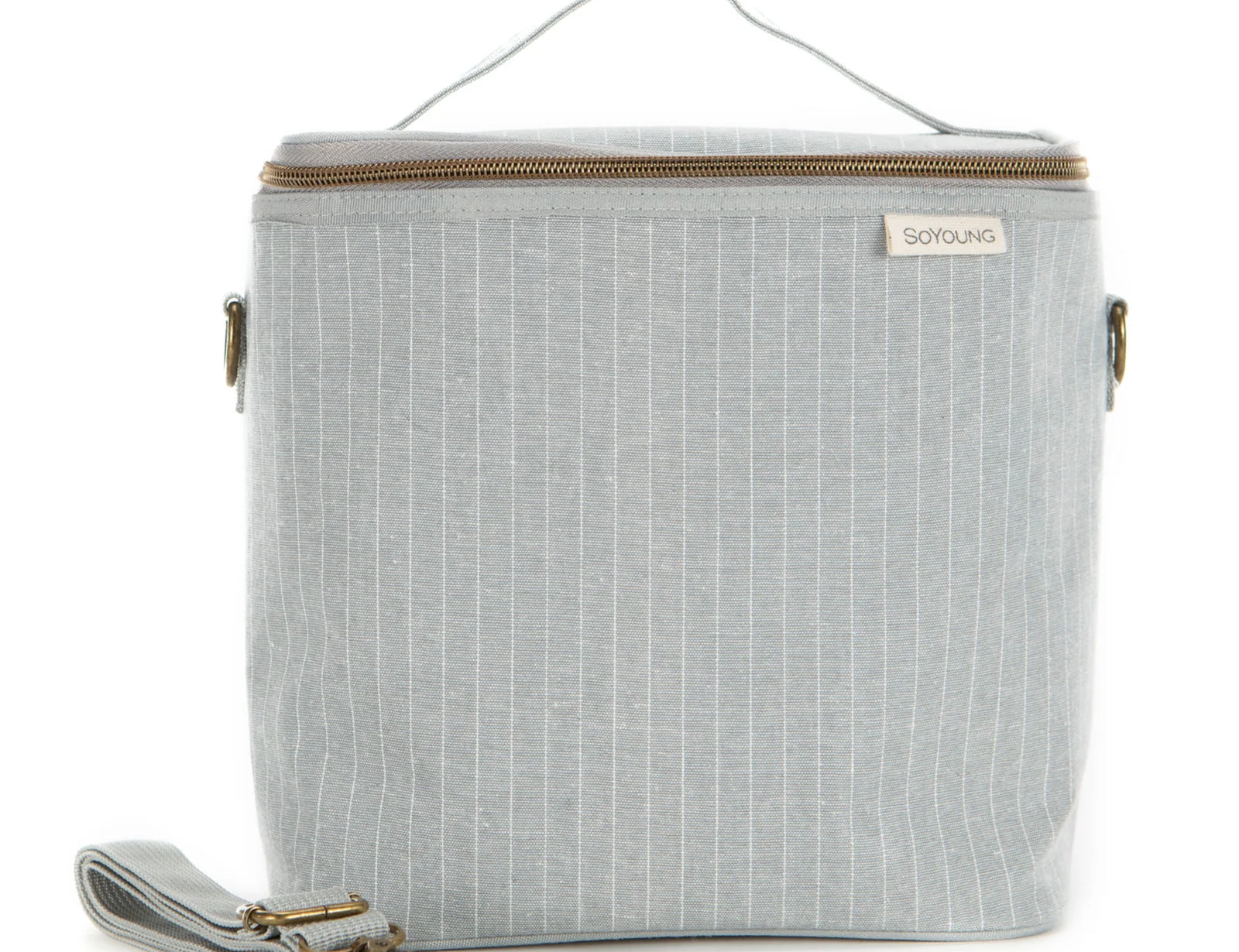 SoYoung Lunch Poche in Pinstripe Heather Grey with a top handle and detachable shoulder strap
