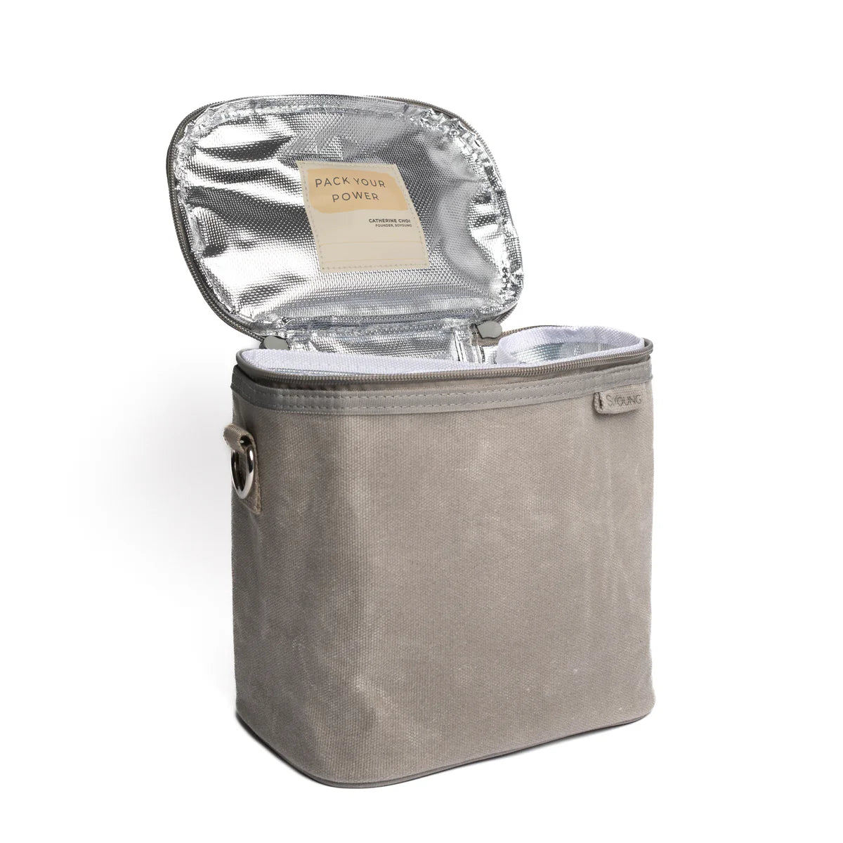 SoYoung Lunch Poche in Stone Grey standing with the lid open