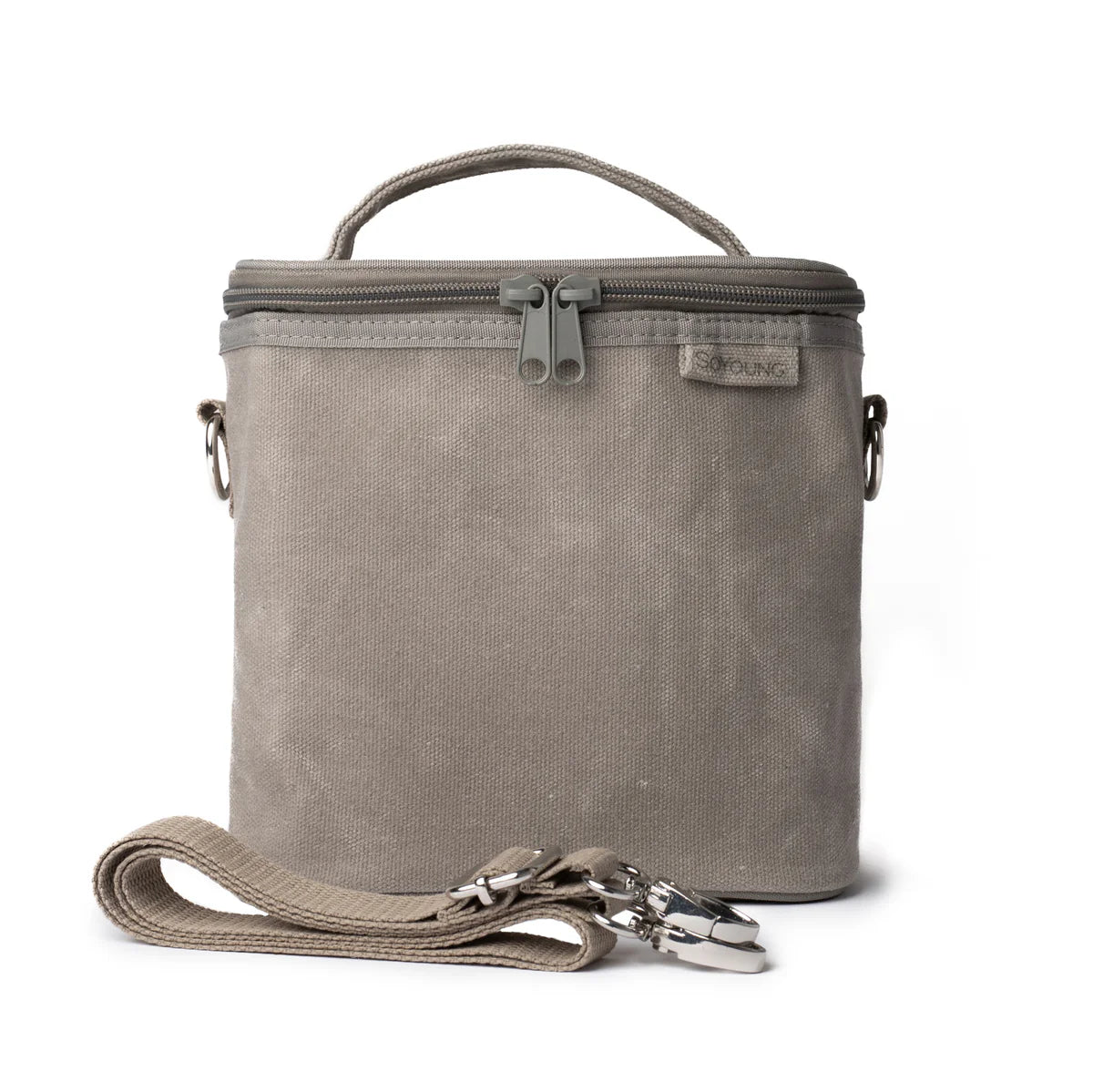 SoYoung Lunch Poche in Stone Grey Linen with a top handle and detachable shoulder strap