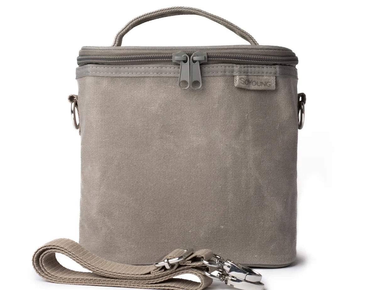 SoYoung Lunch Poche in Stone Grey Linen with a top handle and detachable shoulder strap