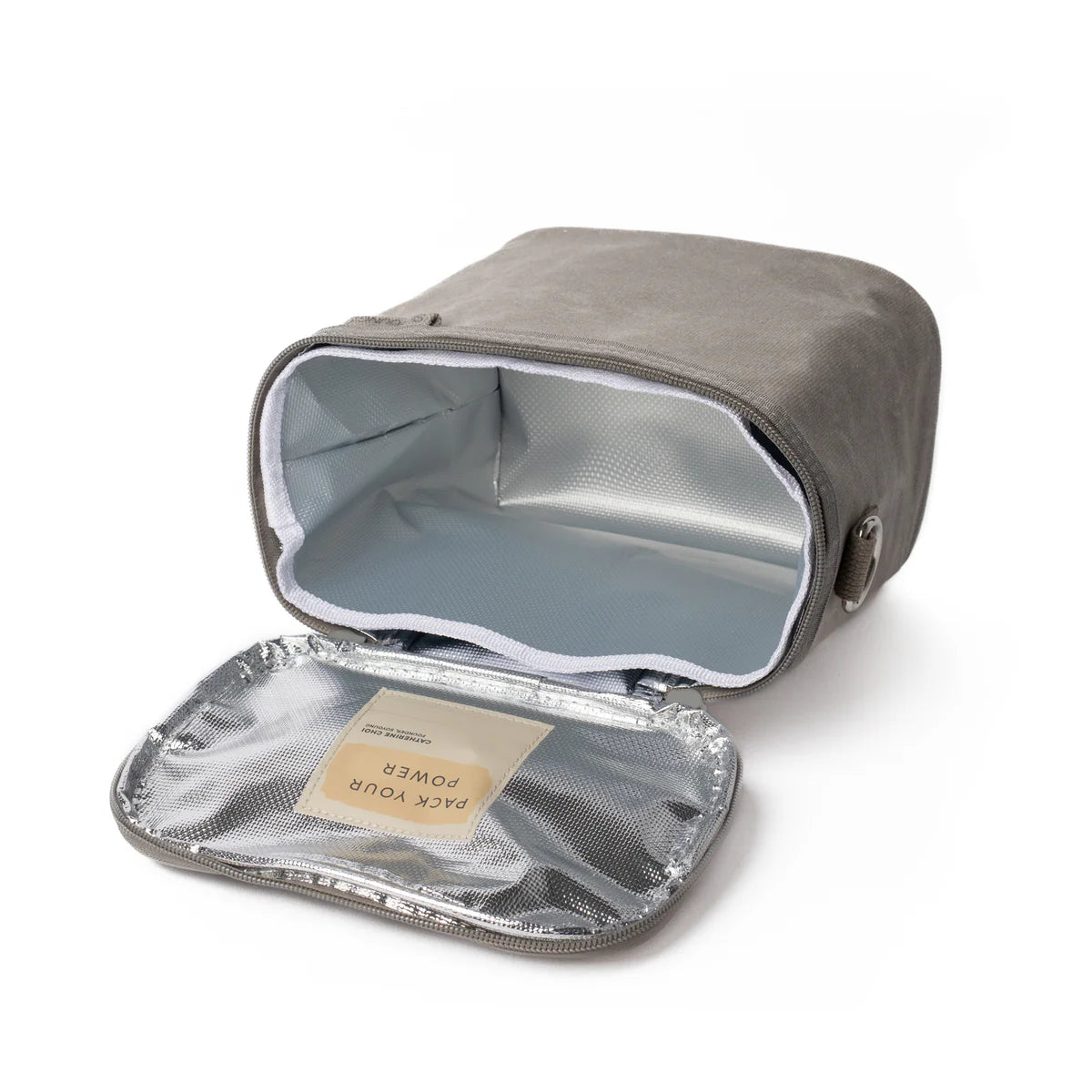 SoYoung Lunch Poche in Stone Grey lying open to show the insulated silver lining