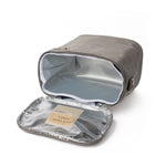 SoYoung Lunch Poche in Stone Grey lying open to show the insulated silver lining