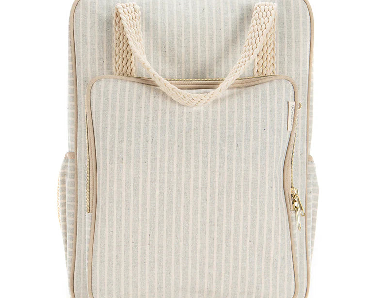 SoYoung Sand and Stone Beach Stripe All Day Backpack, sand and cream striped backpack with top handles and a front zip pocket