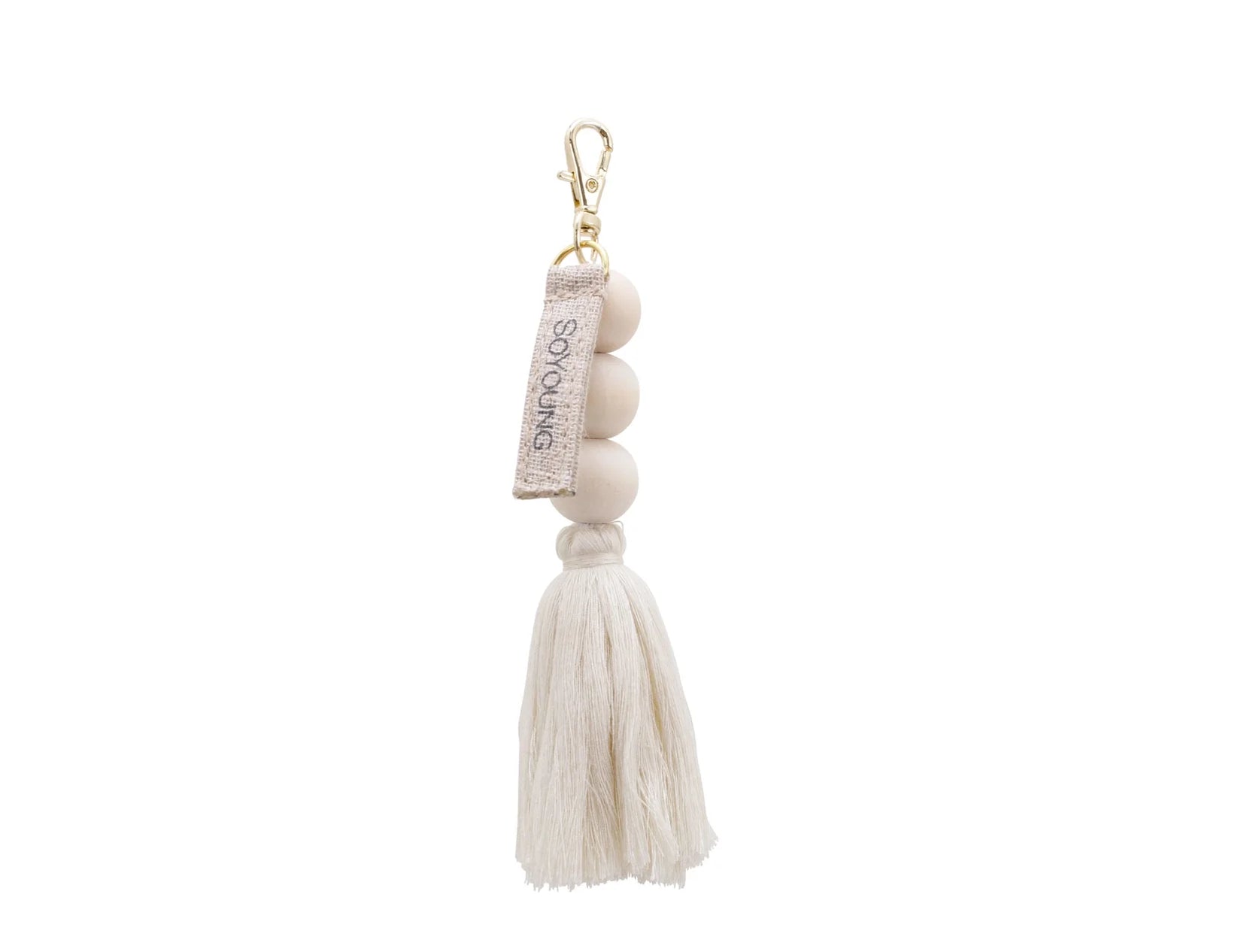 SoYoung Single Beaded Tassel in Cream, wooden beads and a cream tassel on a gold clip
