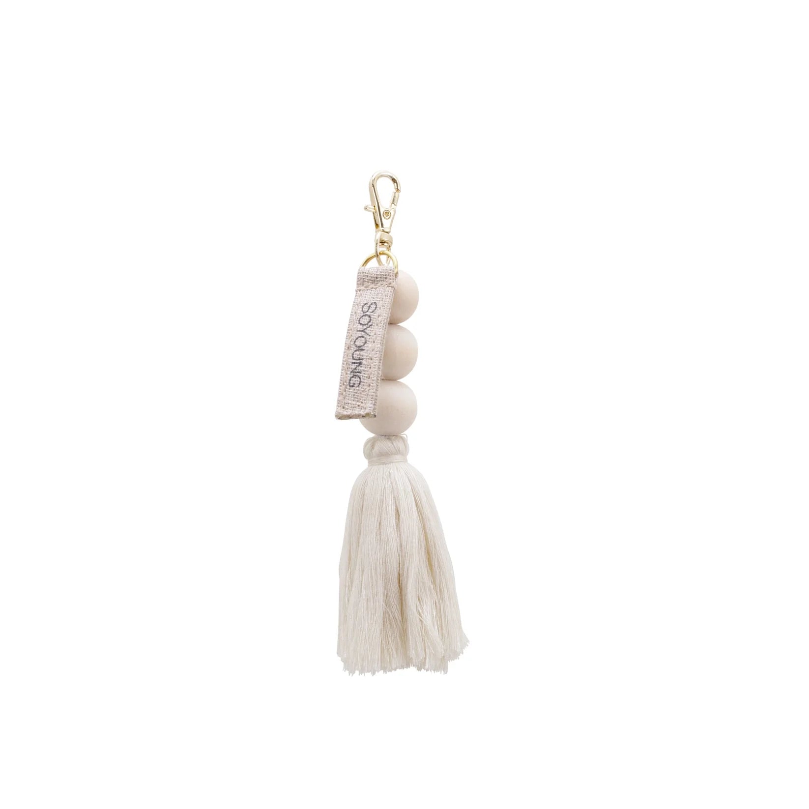 SoYoung Single Beaded Tassel in Cream, wooden beads and a cream tassel on a gold clip