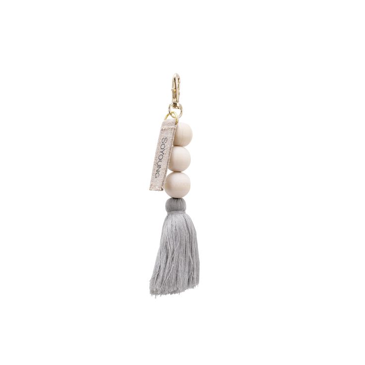 SoYoung Single Beaded Tassel in Grey, wooden beads and a gray tassel on a gold clip