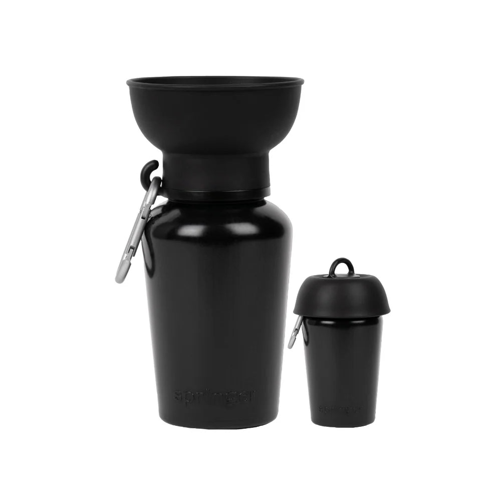 Springer 20 oz Dog Travel Water Bottle in Black, a flip bottle with a collapsible silicone bowl