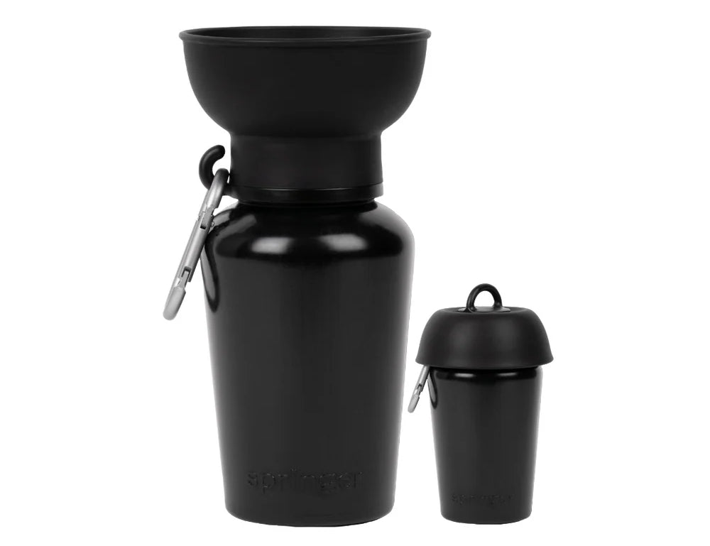 Springer 20 oz Dog Travel Water Bottle in Black, a flip bottle with a collapsible silicone bowl