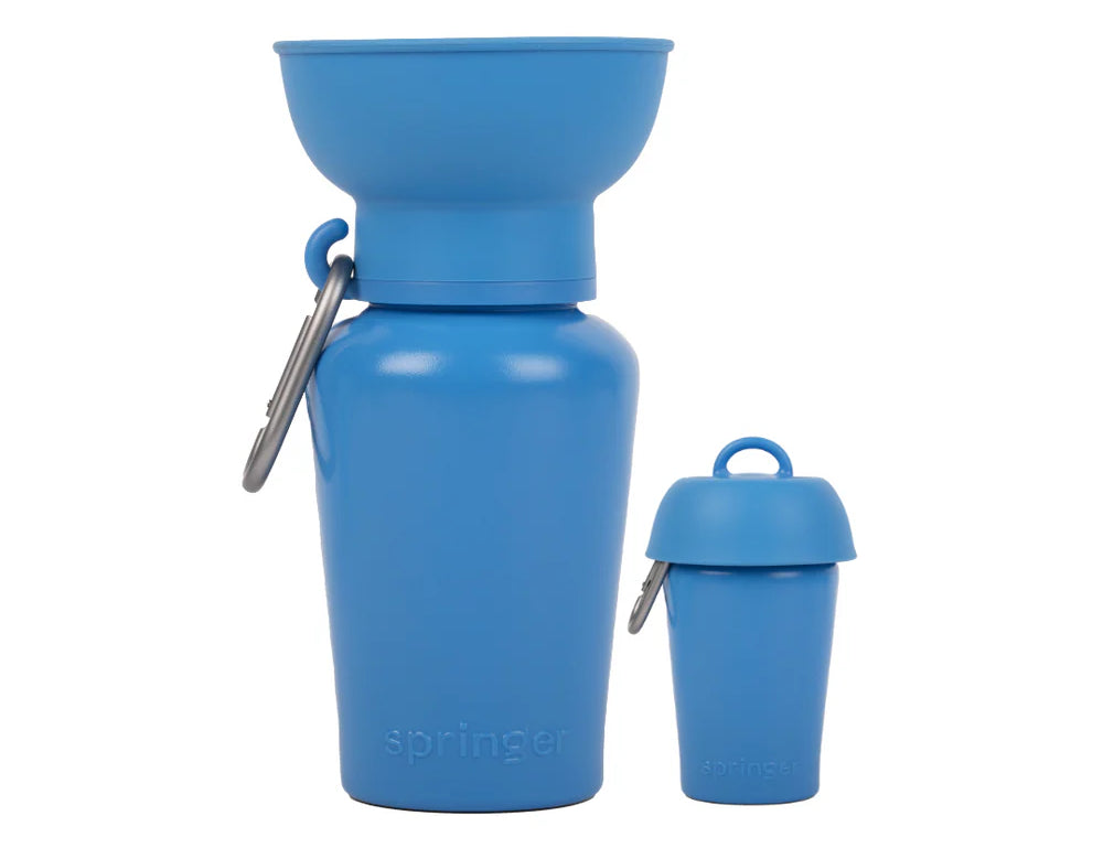 Springer 20 oz Dog Travel Water Bottle in Blueberry, a blue flip bottle with a collapsible silicone bowl