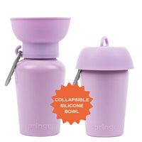 Springer 20 oz Dog Travel Water Bottle in Lilac, a purple flip bottle with a collapsible silicone bowl