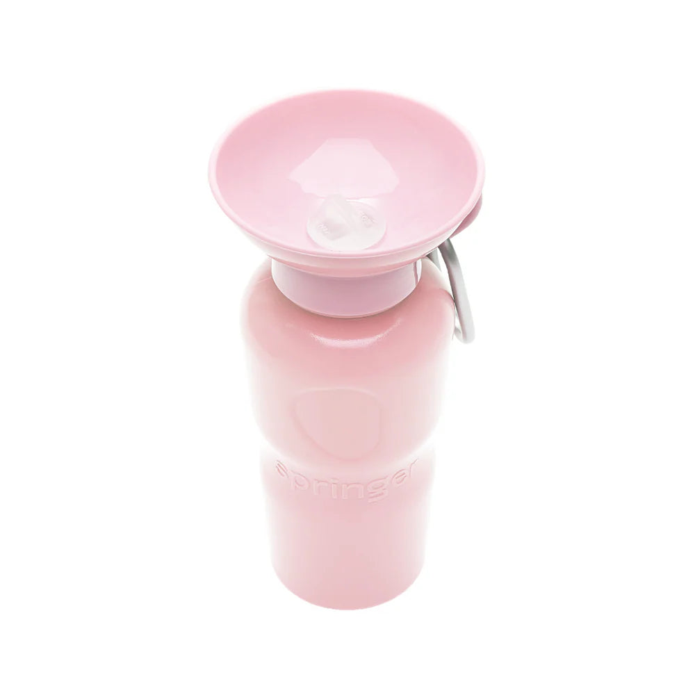 Springer 22 oz Classic Travel Bottle in Cotton Candy, a light pink portable dog water bottle with a fold-out bowl
