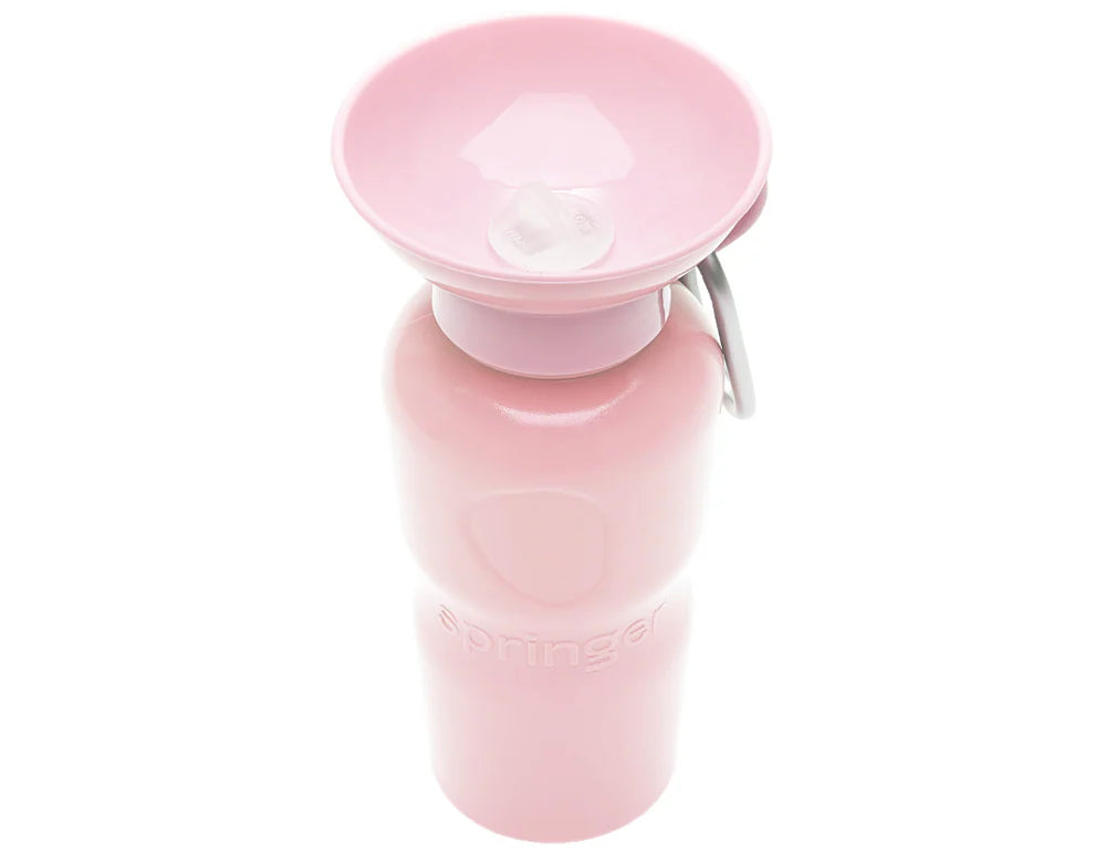 Springer 22 oz Classic Travel Bottle in Cotton Candy, a light pink portable dog water bottle with a fold-out bowl