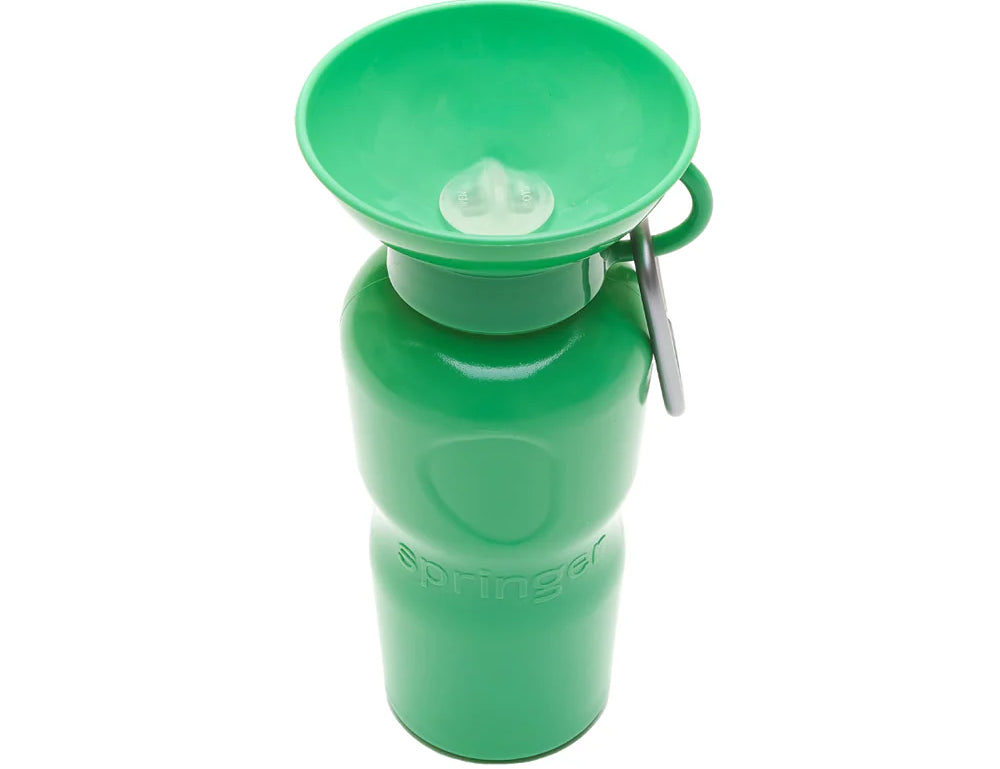 Springer 22 oz Classic Travel Bottle in Green, a green portable dog water bottle with a fold-out bowl