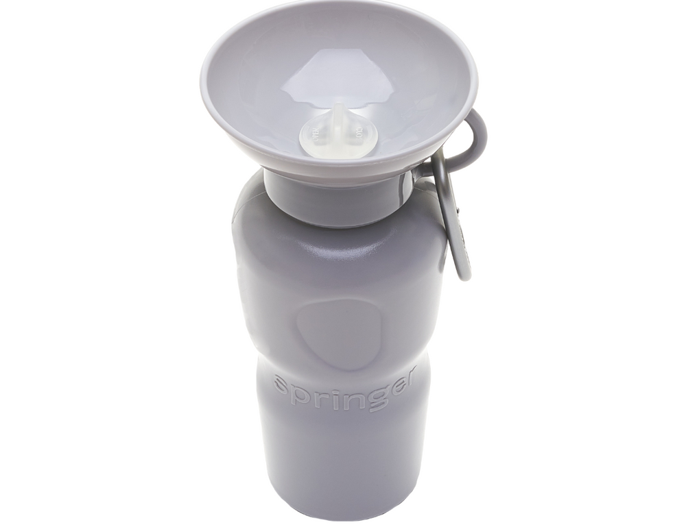 Springer 22 oz Classic Travel Bottle in Grey, a gray portable dog water bottle with a fold-out bowl