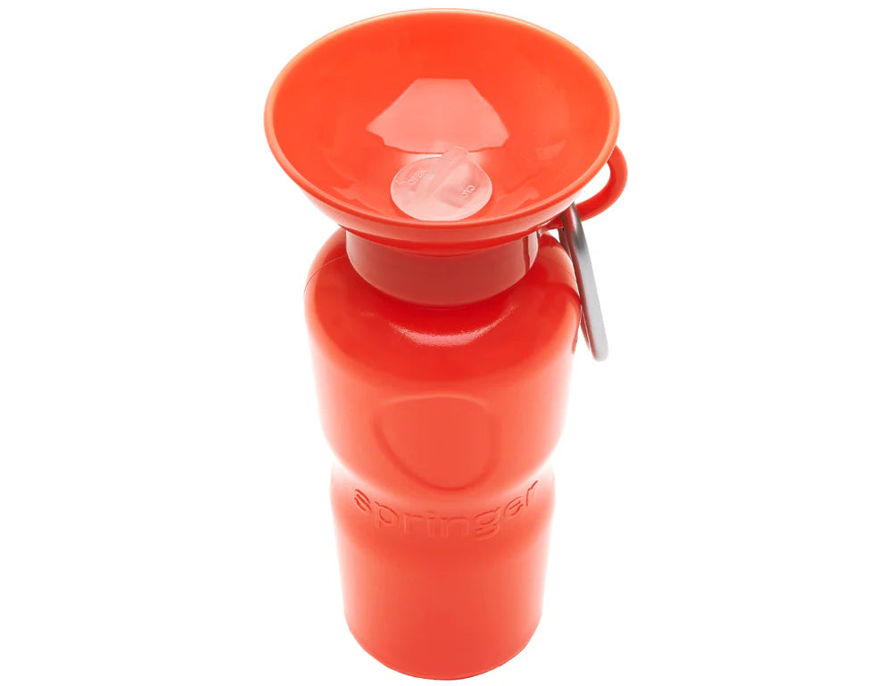 Springer 22 oz Classic Travel Bottle in Poppy, a red-orange portable dog water bottle with a fold-out bowl