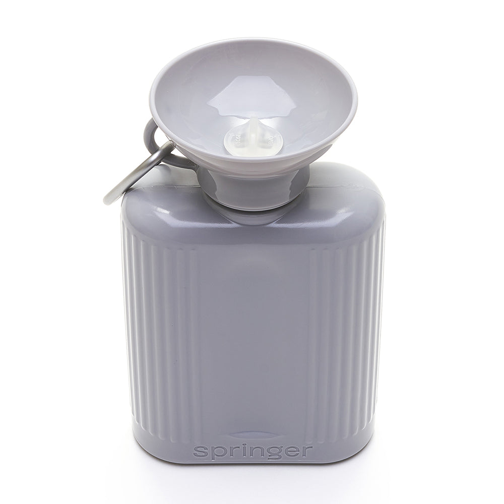 Springer Growler 44 oz Dog Travel Water Bottle in Grey, view from above showing the bowl top