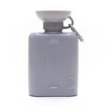 Springer Growler 44 oz Dog Travel Water Bottle in Grey, a ribbed bottle with a wide bowl top and carabiner