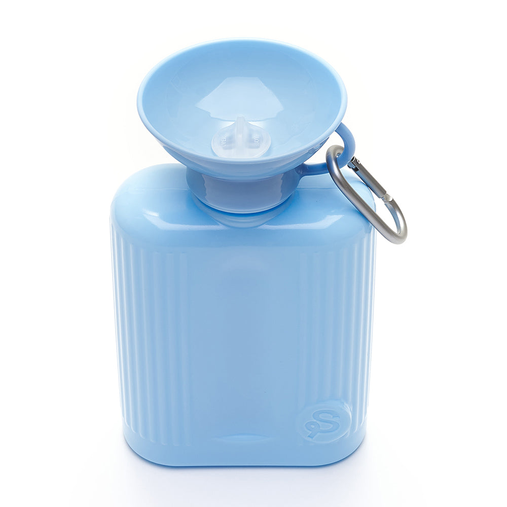 Springer Growler 44 oz Dog Travel Water Bottle in Sky Blue, view from above showing the bowl top