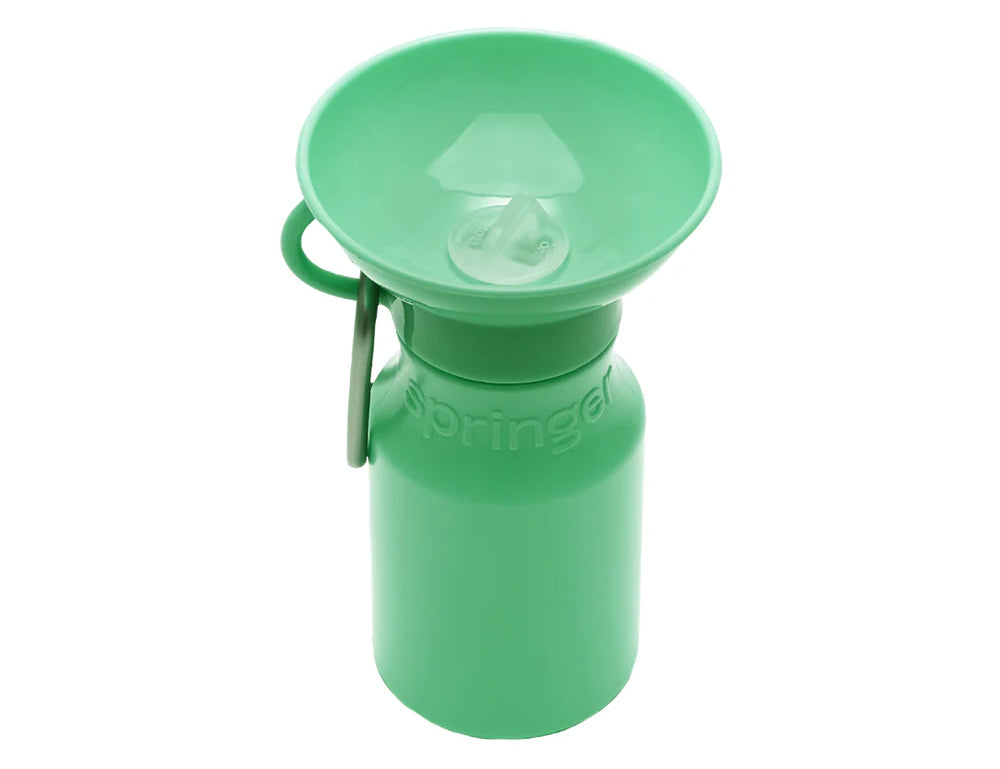 Springer Mini Travel Bottle in Green, a 15 oz dog water bottle with a fold-out bowl and carabiner