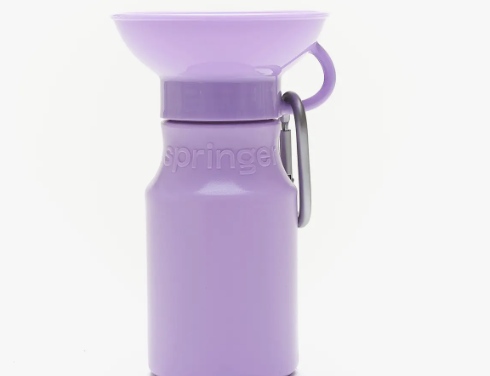 Springer Mini Travel Bottle in Lilac, a purple 15 oz dog water bottle with a fold-out bowl