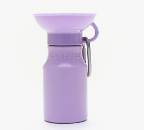Springer Mini Travel Bottle in Lilac, a purple 15 oz dog water bottle with a fold-out bowl