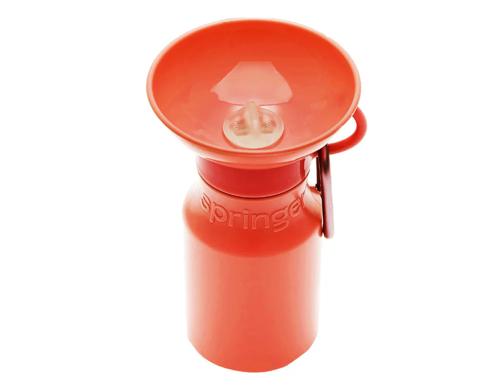 Springer Mini Travel Bottle in Poppy, a red-orange 15 oz dog water bottle with a fold-out bowl