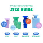 Springer travel dog water bottle size guide comparing the 15 oz Mini, 20 oz Flip, 22 oz Classic and 44 oz Growler