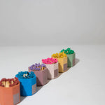 Row of Tenn Prairie Concrete Match Holders in assorted colors filled with colorful matches