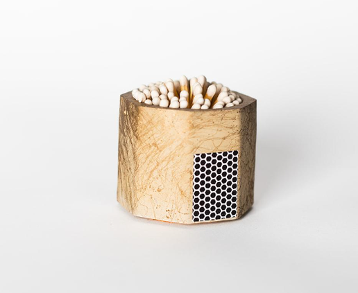 Tenn Prairie Concrete Match Holder in Taupe & Gold with white-tipped matches and a side striker