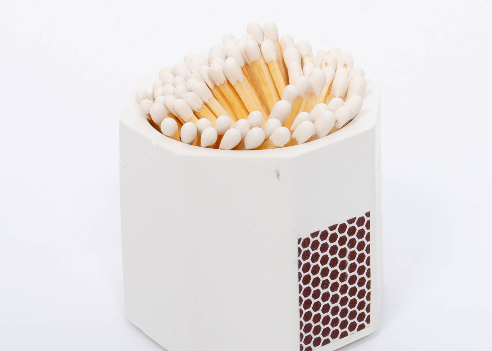 Tenn Prairie Concrete Match Holder in White with White matches and a striker patch on the side