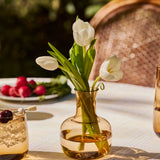 The Collective Ember amber glass carafe holding white tulips on a table set with radishes