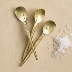 The Collective Forge Mini Spoons in Brass, three hammered gold-tone spoons with coarse salt