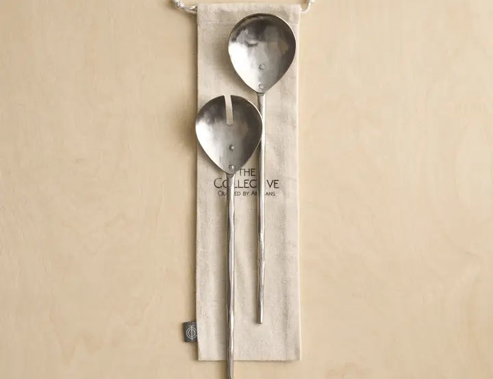 The Collective Forge Pewter Salad Servers Set of 2 in a linen drawstring bag
