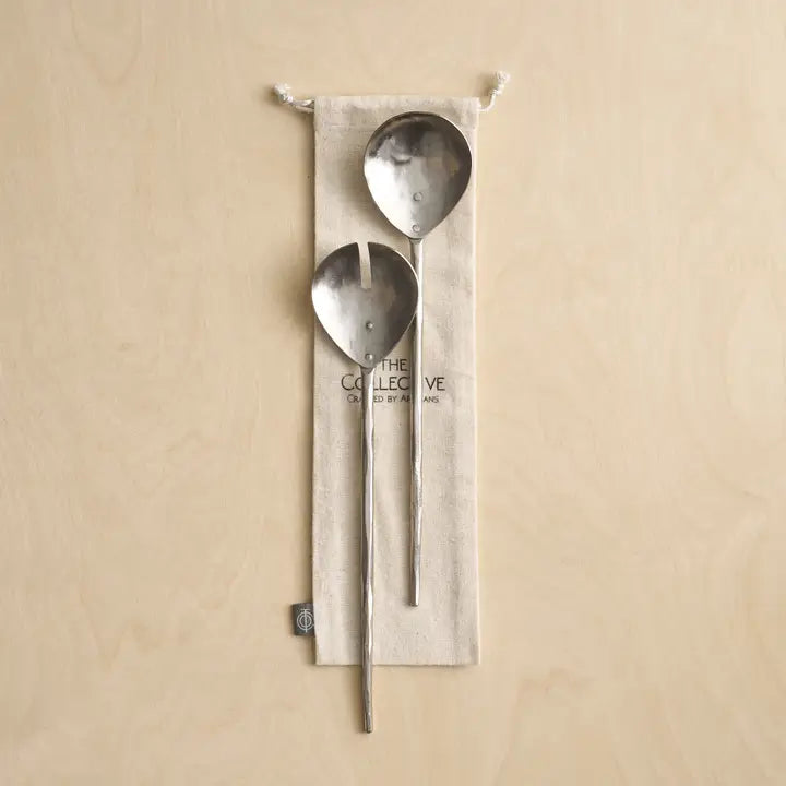 The Collective Forge Pewter Salad Servers Set of 2 in a linen drawstring bag