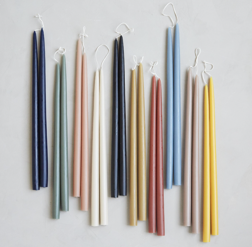 The Floral Society 12-inch Taper Candles, pairs of hand-dipped tapers in navy, sage, cream, terracotta, blush, mustard and grey hanging by their wicks